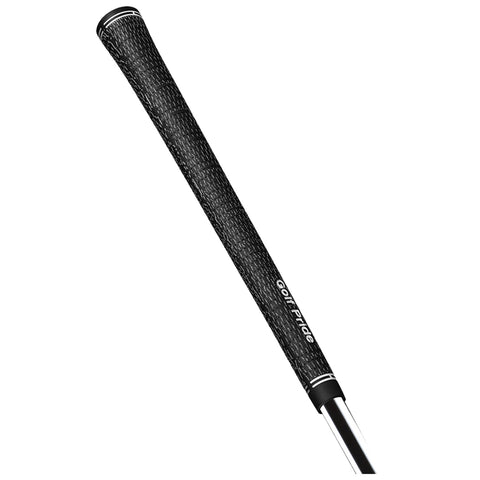 A black golf club grip is centered with a textured pattern providing a secure hold for a golfer while surrounded by a light background suggesting versatility for various equipment.