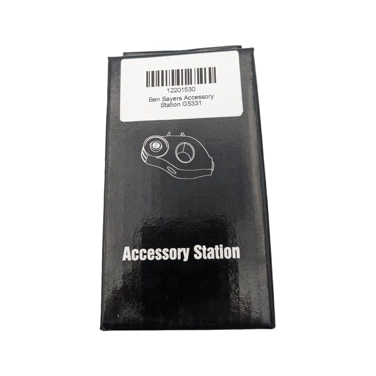 A black rectangular box labeled "Accessory Station" displays an illustration of a golf accessory. The label includes a barcode and text indicating "Ben Sayers Accessory Station G5331."