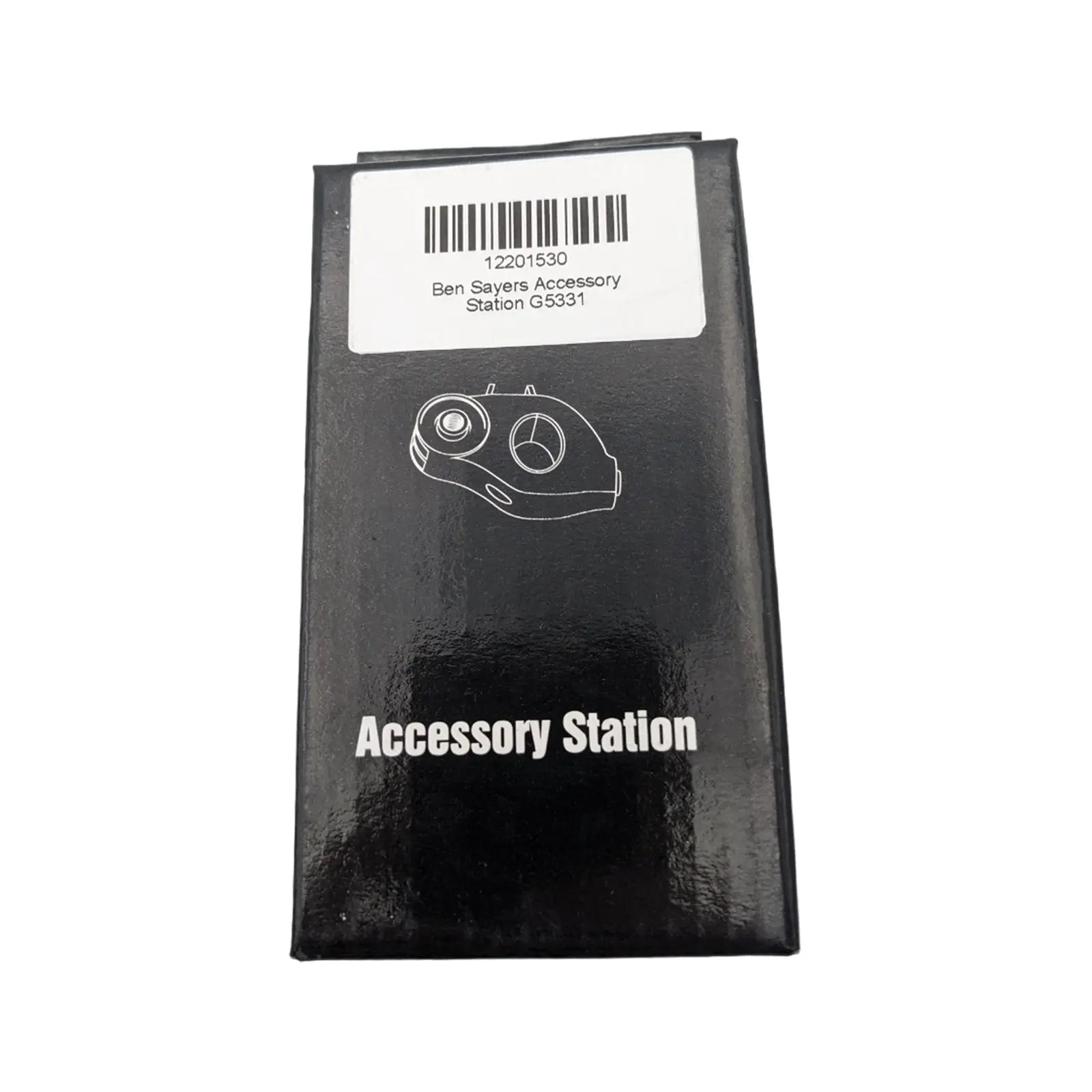 A black rectangular box labeled "Accessory Station" displays an illustration of a golf accessory. The label includes a barcode and text indicating "Ben Sayers Accessory Station G5331."