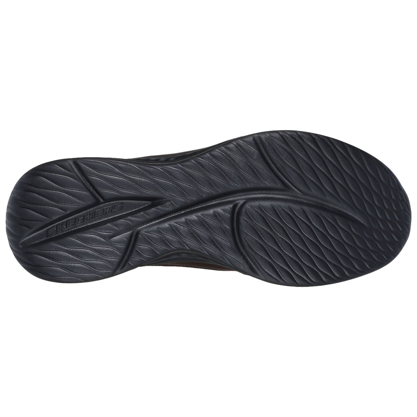 A black rubber shoe sole is displayed flat showing detailed tread patterns and the brand name Skechers embossed on the surface highlighting its design for traction and support.
