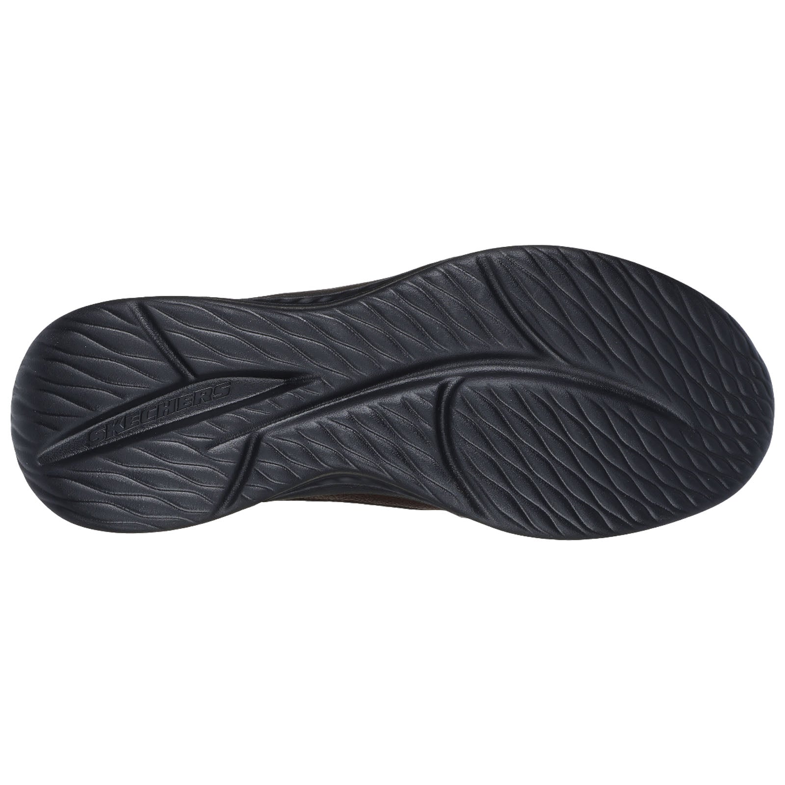 A black rubber shoe sole is displayed flat showing detailed tread patterns and the brand name Skechers embossed on the surface highlighting its design for traction and support.