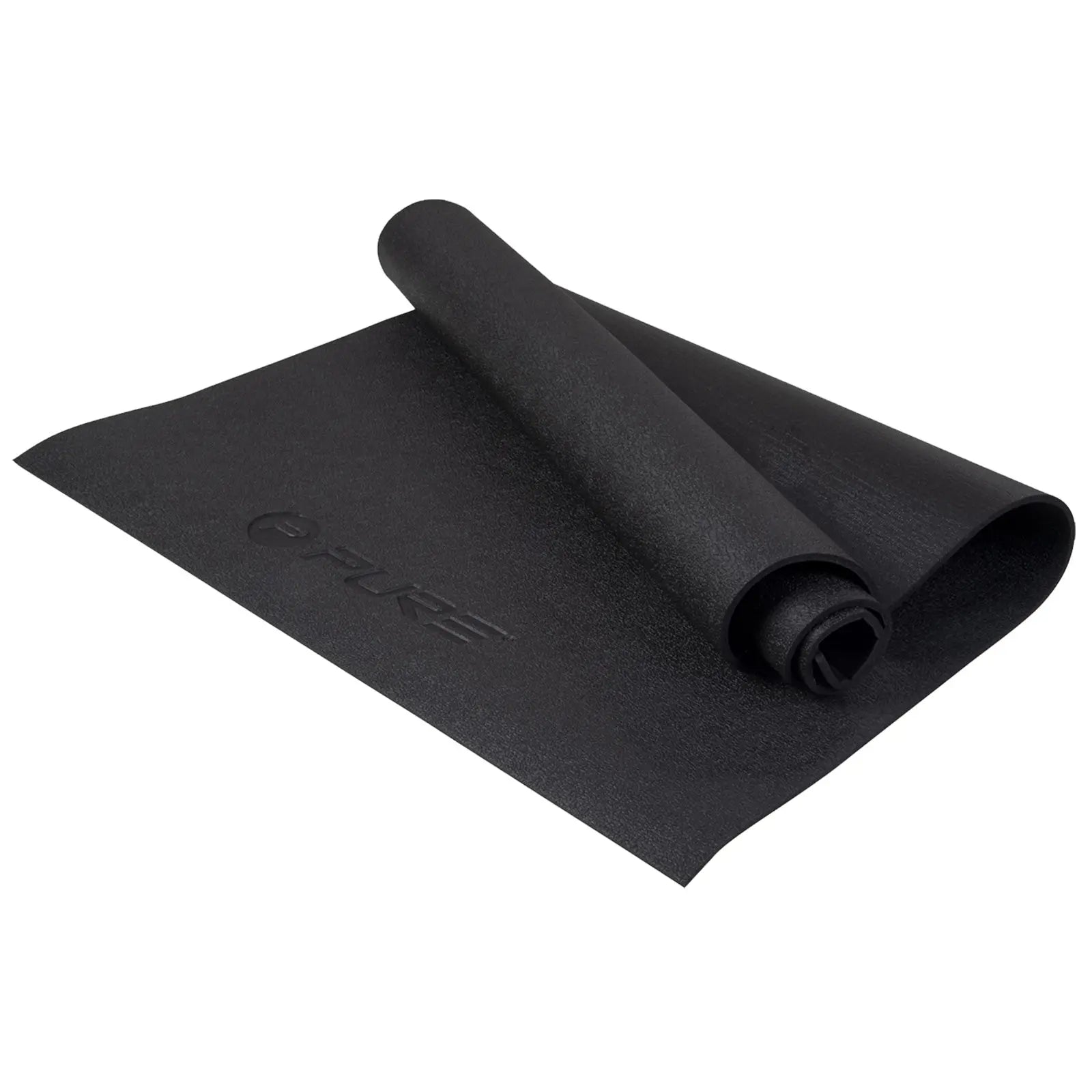 A black exercise mat is partially rolled up displaying a textured surface and the word "PURE" embossed on it resting on a flat surface ideal for workouts or yoga practice.