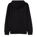 A black hoodie is displayed prominently showcasing its back view featuring a hood and long sleeves set against a plain white background suggesting a casual and comfortable clothing style.