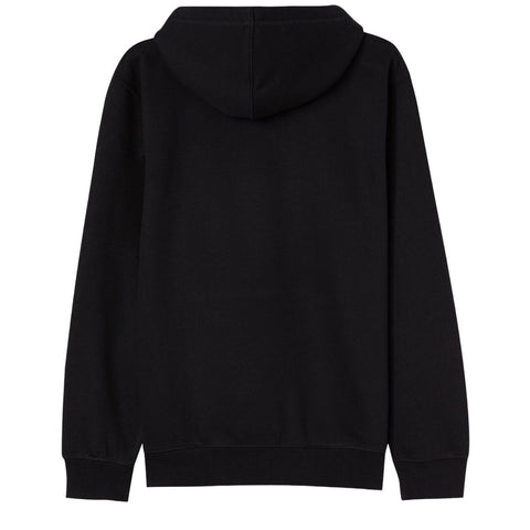 A black hoodie is displayed prominently showcasing its back view featuring a hood and long sleeves set against a plain white background suggesting a casual and comfortable clothing style.