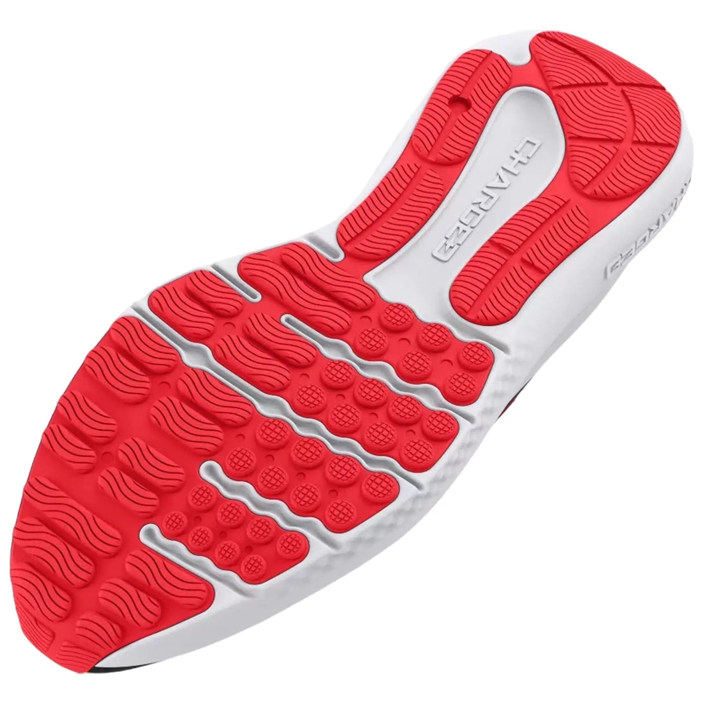 A shoe sole features a red and white design with textured gripping patterns and raised areas indicating functionality and traction designed for enhanced performance in athletic activities.