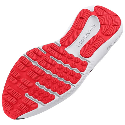 A shoe sole features a red and white design with textured gripping patterns and raised areas indicating functionality and traction designed for enhanced performance in athletic activities.
