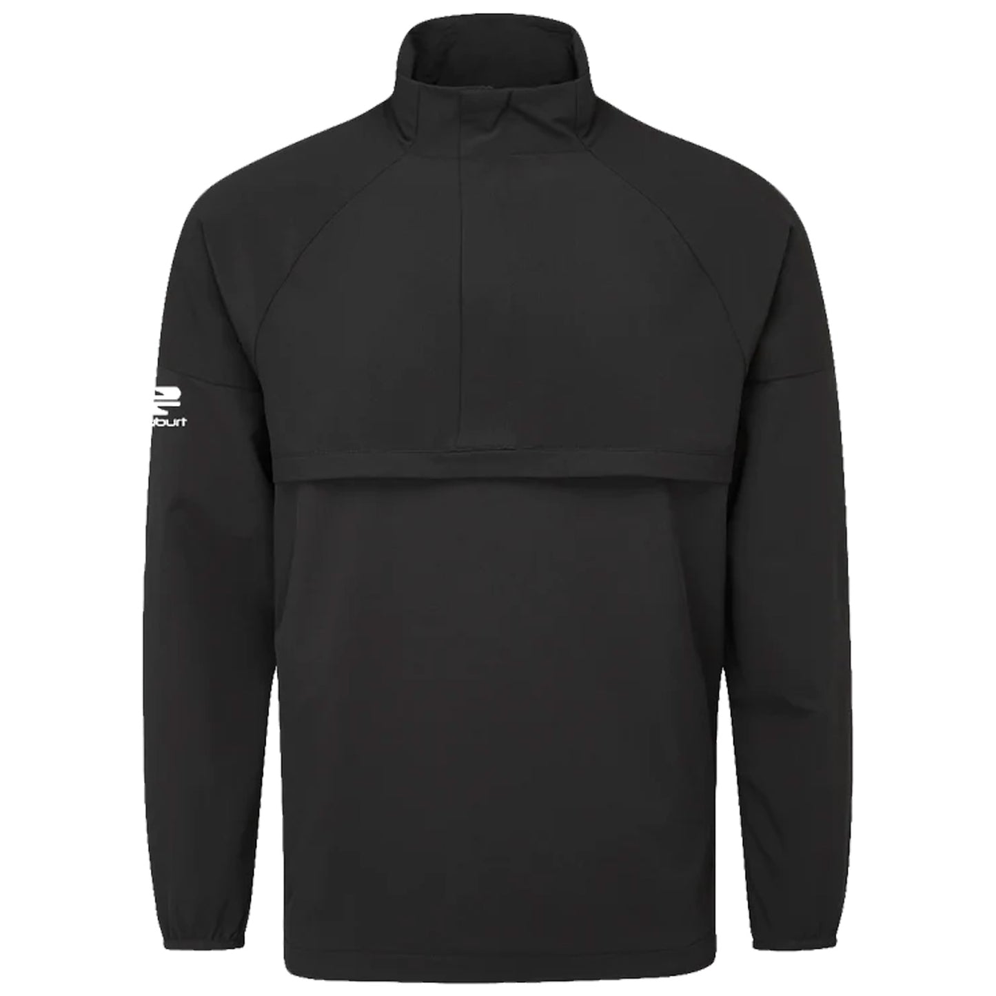 A black pullover jacket is displayed with a high collar and long sleeves featuring a logo on one sleeve providing a sporty appearance and suitable for casual or athletic contexts.
