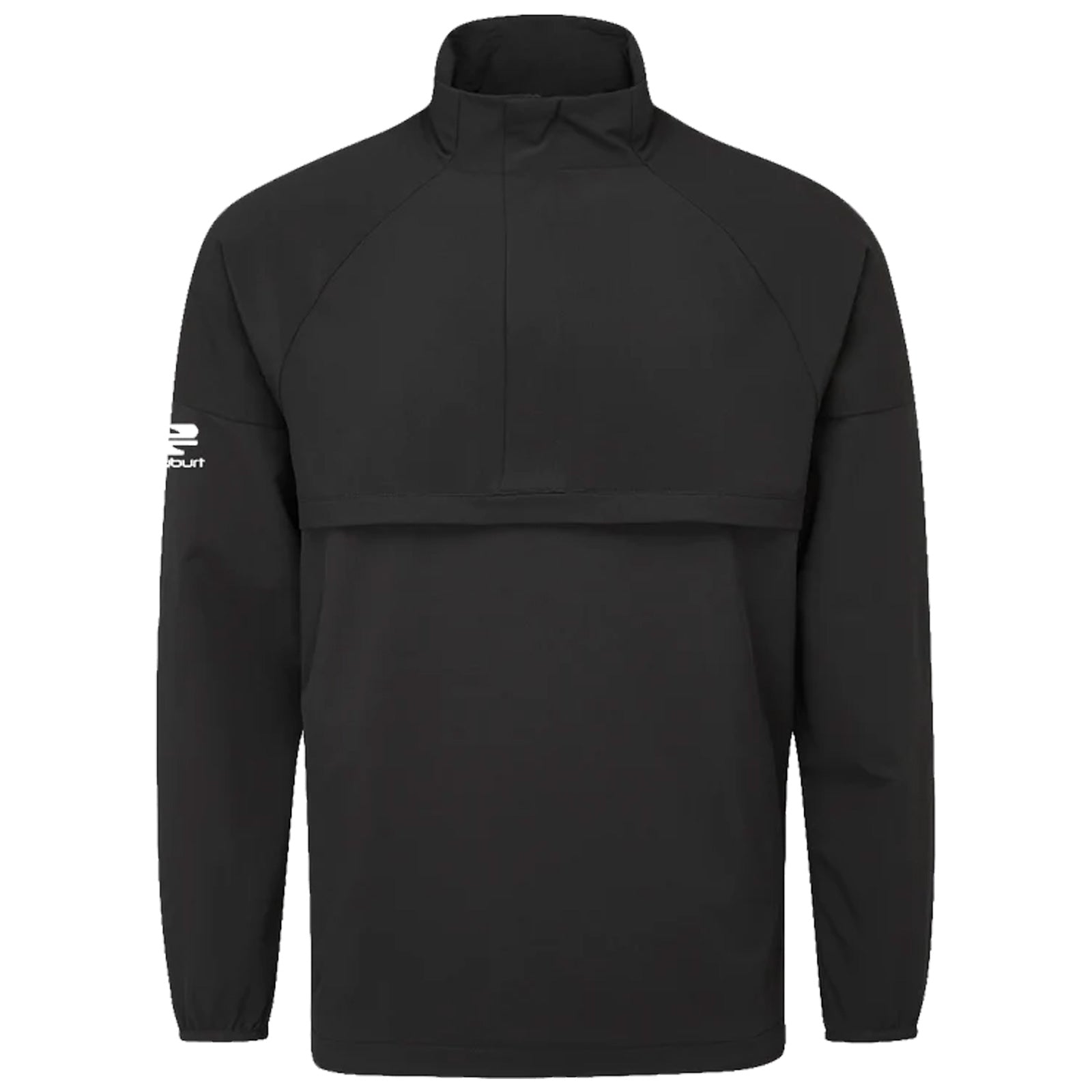 A black pullover jacket is displayed with a high collar and long sleeves featuring a logo on one sleeve providing a sporty appearance and suitable for casual or athletic contexts.