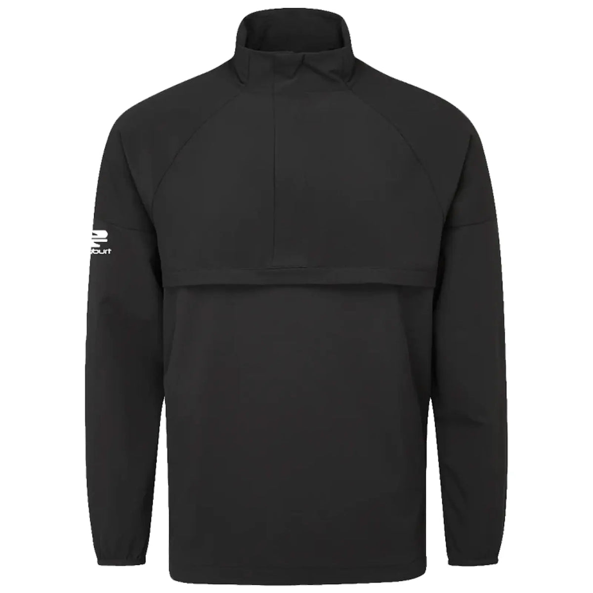A black pullover jacket is displayed with a high collar and long sleeves featuring a logo on one sleeve providing a sporty appearance and suitable for casual or athletic contexts.