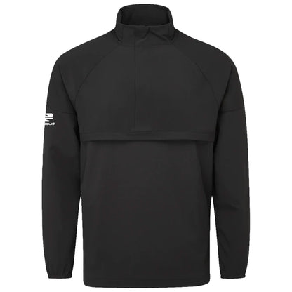 A black pullover jacket is displayed with a high collar and long sleeves featuring a logo on one sleeve providing a sporty appearance and suitable for casual or athletic contexts.