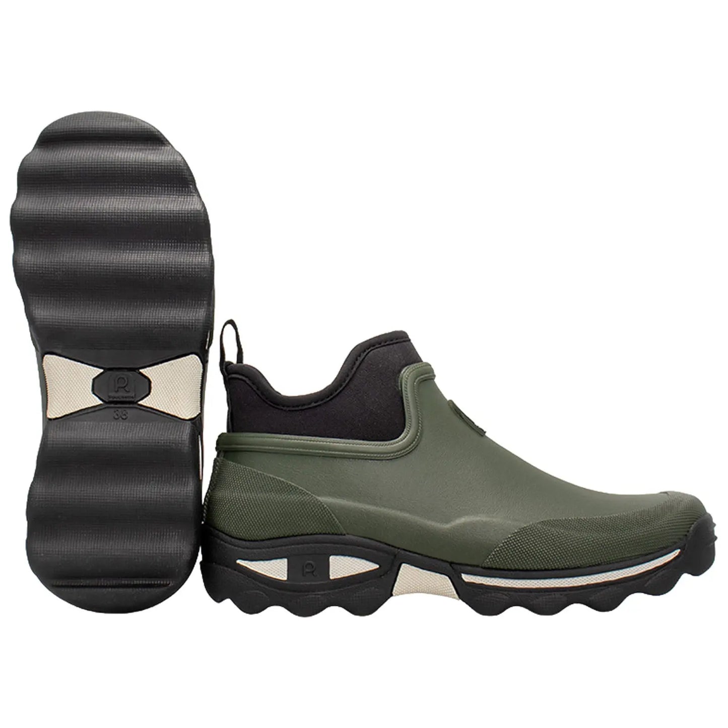 A pair of green slip-on shoes is displayed with a textured black sole alongside a smooth upper section highlighting a sleek design suitable for casual outdoor use.