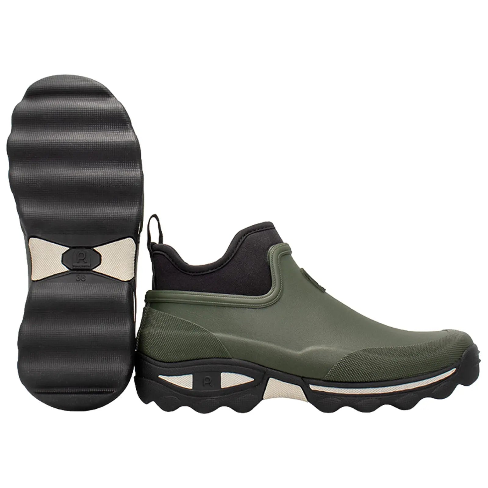 A pair of green slip-on shoes is displayed with a textured black sole alongside a smooth upper section highlighting a sleek design suitable for casual outdoor use.