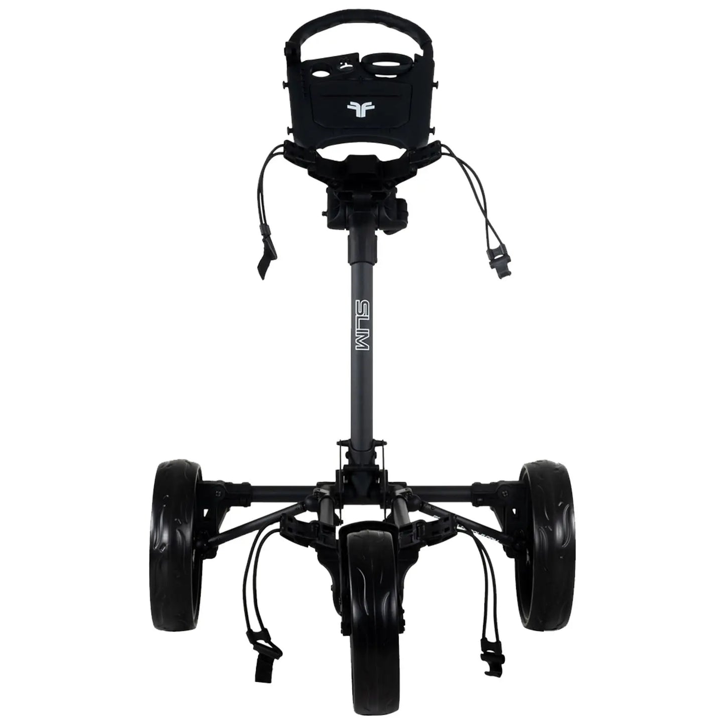 A golf push cart stands upright with a handle at the top and four wheels at the bottom the wheels are large and designed for mobility on various terrains