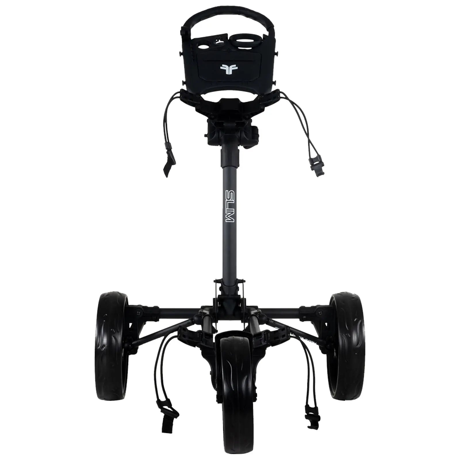 A golf push cart stands upright with a handle at the top and four wheels at the bottom the wheels are large and designed for mobility on various terrains