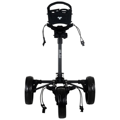 A golf push cart stands upright with a handle at the top and four wheels at the bottom the wheels are large and designed for mobility on various terrains