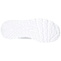 A white shoe sole features a patterned grip with geometric shapes designed for traction. It is isolated against a plain background emphasizing the shoe's design and functionality.
