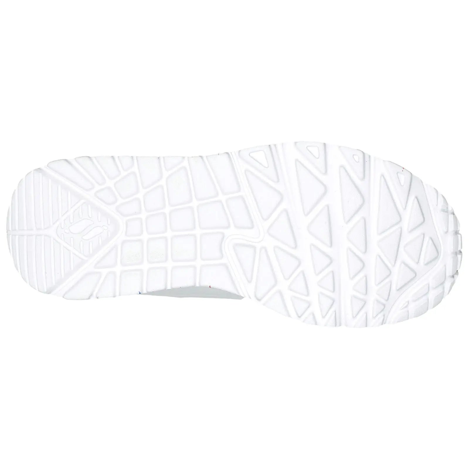 A white shoe sole features a patterned grip with geometric shapes designed for traction. It is isolated against a plain background emphasizing the shoe's design and functionality.
