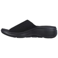 A black slide sandal features a mesh upper and a curved sole designed for comfort and support situated against a plain white background.