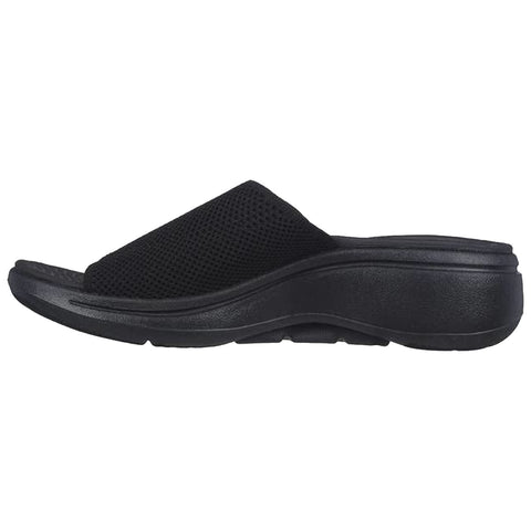 A black slide sandal features a mesh upper and a curved sole designed for comfort and support situated against a plain white background.