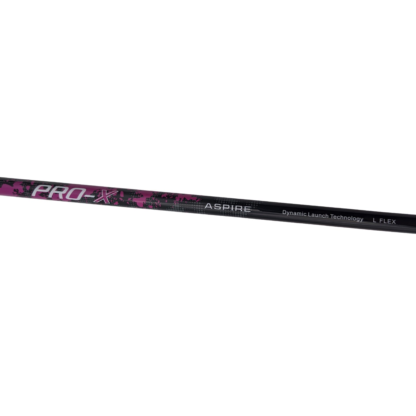 A golf club shaft with a sleek black and pink design featuring the text PRO-X ASPIRE Dynamic Launch Technology L FLEX is positioned horizontally against a white background.