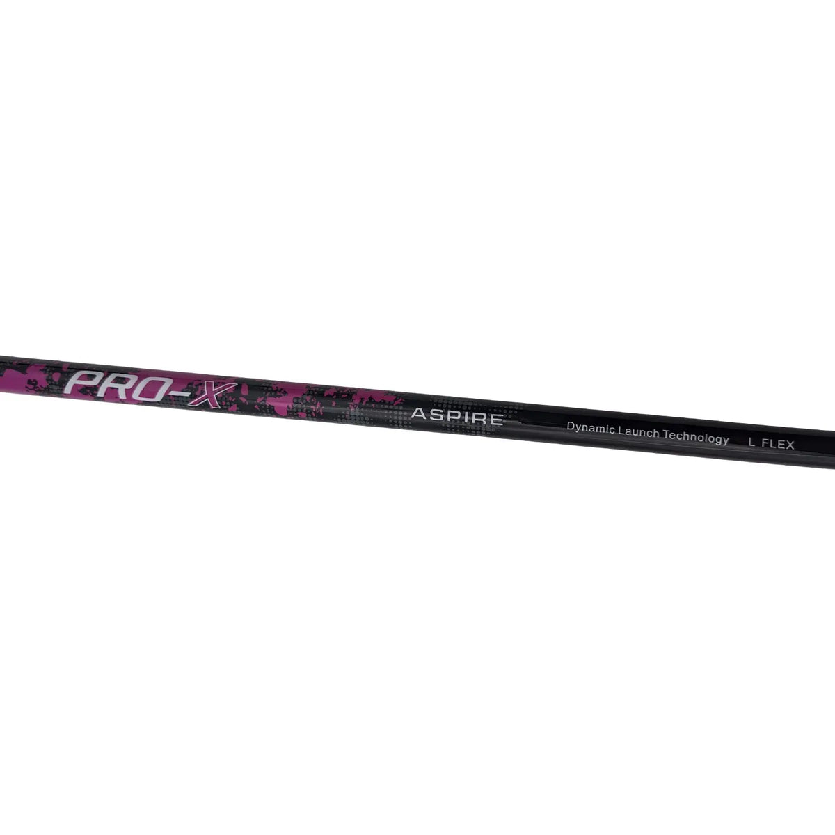 A golf club shaft with a sleek black and pink design featuring the text PRO-X ASPIRE Dynamic Launch Technology L FLEX is positioned horizontally against a white background.