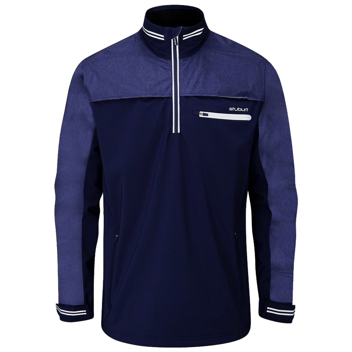 A navy pullover jacket with a half-zip design features a contrasting denim-like upper section and white striped accents on the collar and sleeve cuffs.