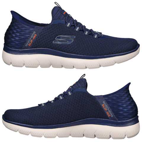 Blue athletic shoes with a sleek design are positioned on a plain background showcasing a textured upper and a contrasting white sole, emphasizing a comfortable, sporty aesthetic.