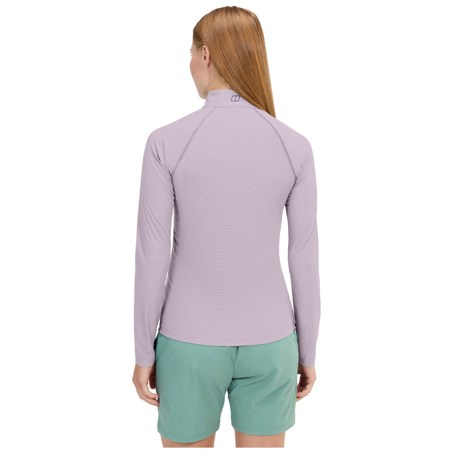 A black long-sleeve shirt with a zippered collar features a logo on the front. It is displayed from both the front and back perspectives against a plain backdrop.