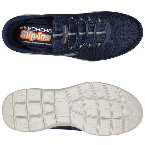 A navy blue athletic shoe features a mesh upper with elastic laces and a cushioned insole labeled Skechers Slip-ins showcasing its air-cooled memory foam technology with a white rubber sole pattern underneath.