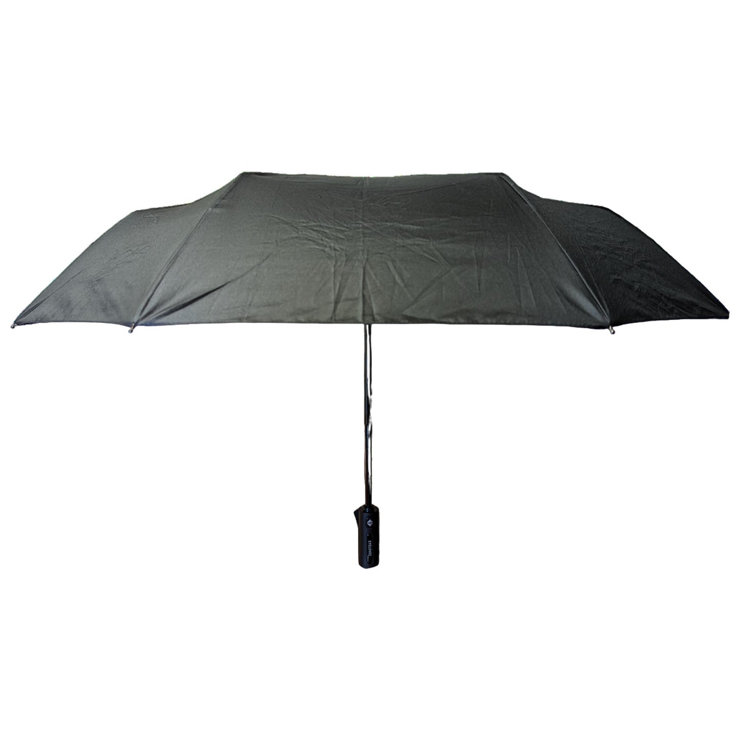 A dark umbrella stands upright featuring a metal pole and a black handle designed for outdoor use providing shelter from rain or sun in an open space.