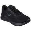 A black athletic shoe sits on a flat surface showcasing a mesh design laced up with black shoelaces featuring a logo and a cushioned sole designed for comfort and support.