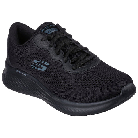 A black athletic shoe sits on a flat surface showcasing a mesh design laced up with black shoelaces featuring a logo and a cushioned sole designed for comfort and support.
