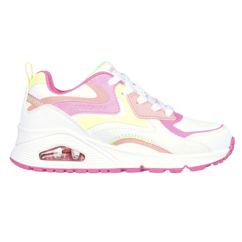 A white sneaker with pink and yellow accents sits on a flat surface featuring a cushioned sole with a visible air unit showcasing a sporty design suitable for casual wear.