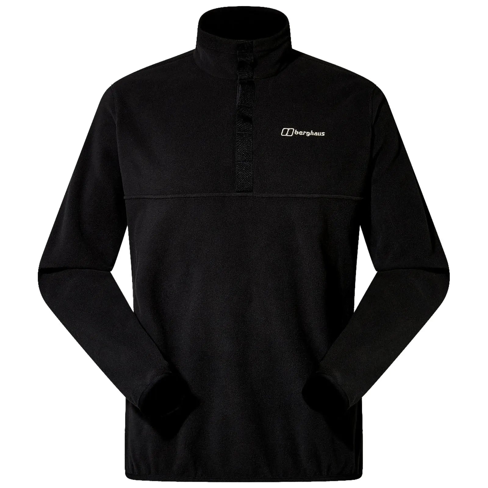 A black fleece pullover is displayed standing upright with a high collar and long sleeves featuring elastic cuffs showing the Berghaus logo on the chest area.
