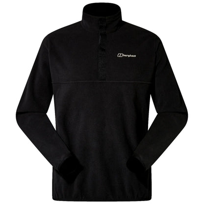 A black fleece pullover is displayed standing upright with a high collar and long sleeves featuring elastic cuffs showing the Berghaus logo on the chest area.
