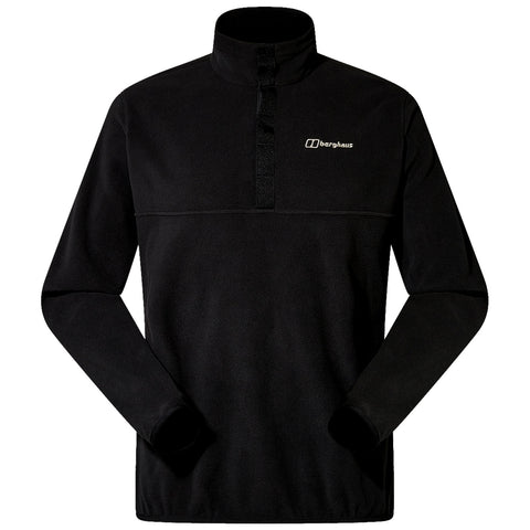 A black fleece pullover is displayed standing upright with a high collar and long sleeves featuring elastic cuffs showing the Berghaus logo on the chest area.
