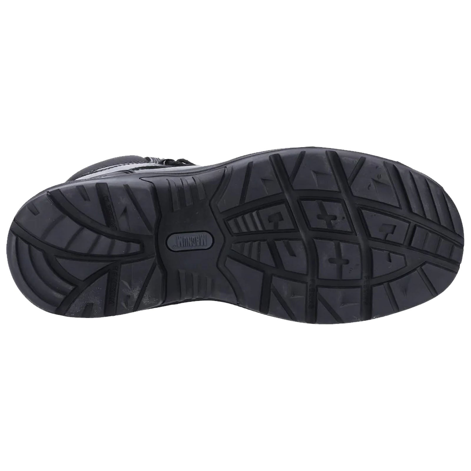 A black shoe sole is displayed flat on a surface showcasing a rugged tread pattern designed for traction in various environments indicating durability and functionality