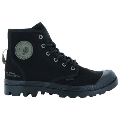 A black boot features a high-top design with laces and a rubber toe cap showcasing a round logo on the side providing a rugged look suitable for outdoor activities.