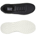 Black athletic slip-on shoe with mesh upper and white sole displayed from top and bottom perspectives in a neutral background highlighting the design and features of the footwear.