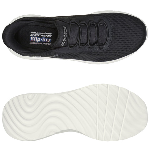 Black athletic slip-on shoe with mesh upper and white sole displayed from top and bottom perspectives in a neutral background highlighting the design and features of the footwear.