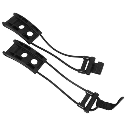 Two black plastic clips connected by elastic bands are arranged parallel to each other designed to secure items in place within a functional context such as storage or transport.