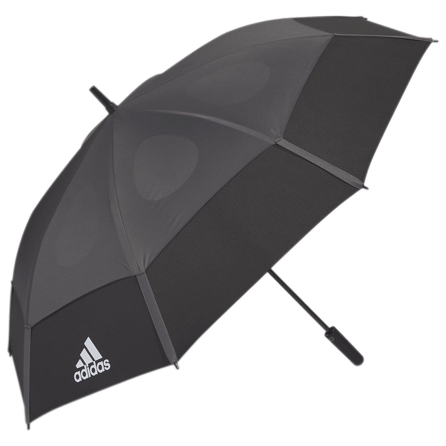 A black umbrella opens wide providing shelter from rain or sun featuring a sleek design with a visible logo that indicates a sports brand sitting against a neutral background.