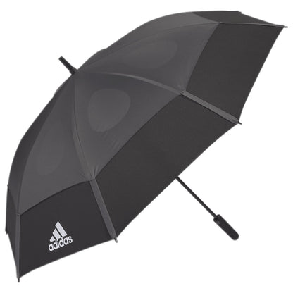 A black umbrella opens wide providing shelter from rain or sun featuring a sleek design with a visible logo that indicates a sports brand sitting against a neutral background.