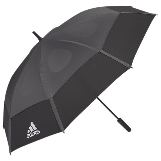 A black umbrella opens wide providing shelter from rain or sun featuring a sleek design with a visible logo that indicates a sports brand sitting against a neutral background.