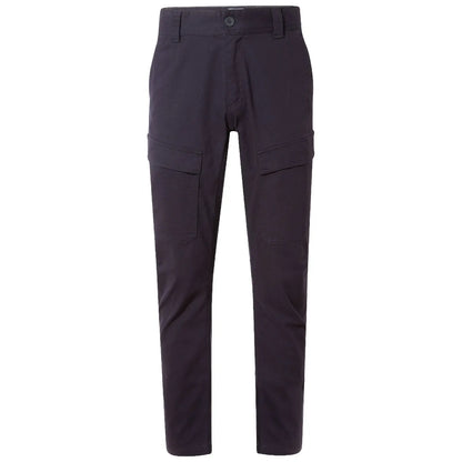 Black cargo pants with multiple side pockets are displayed upright showing their simple design suited for casual or outdoor wear providing functionality and comfort without any visible text
