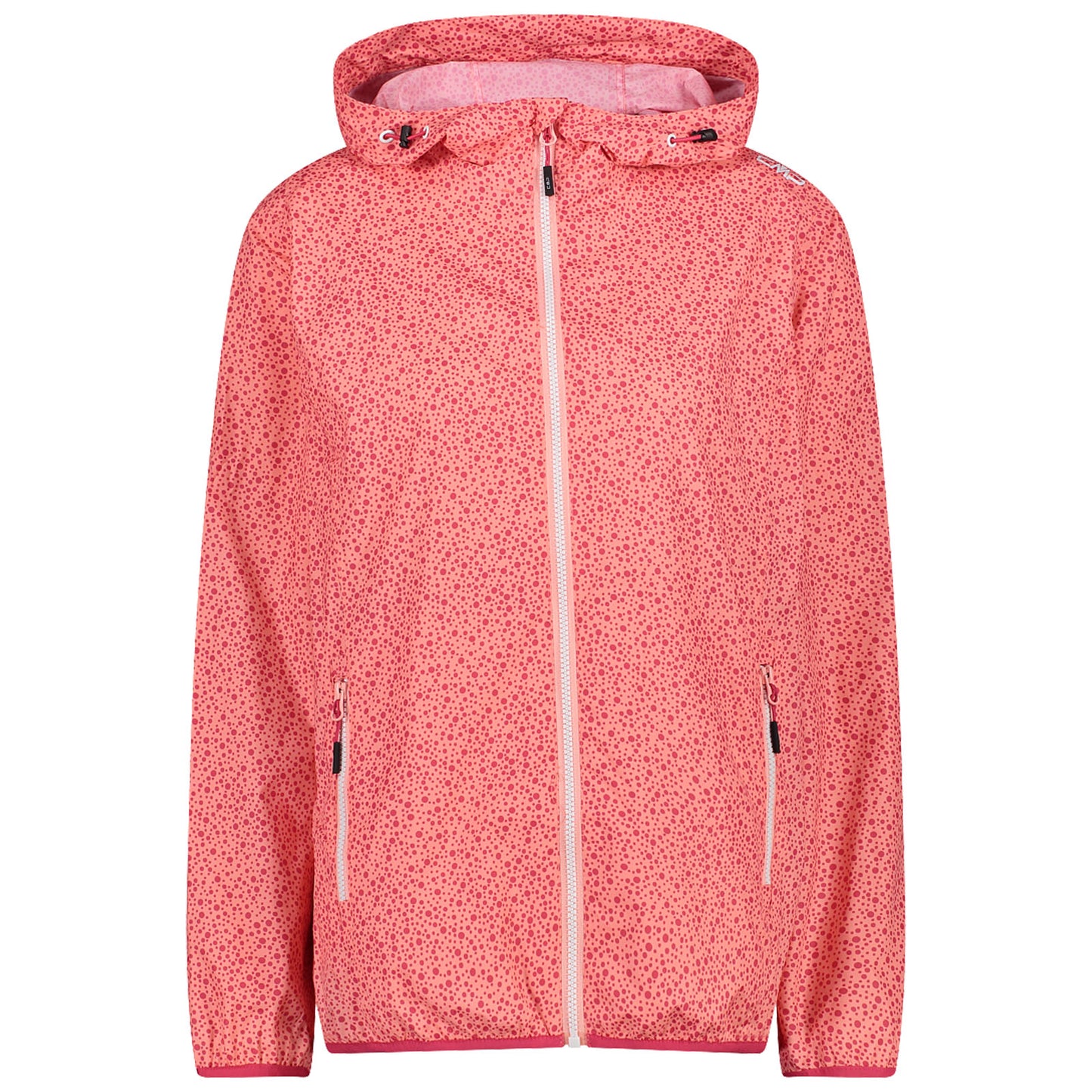 A pink jacket with a floral pattern hangs upright featuring a zippered front two side pockets and a hood set against a plain backdrop.