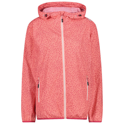 A pink jacket with a floral pattern hangs upright featuring a zippered front two side pockets and a hood set against a plain backdrop.