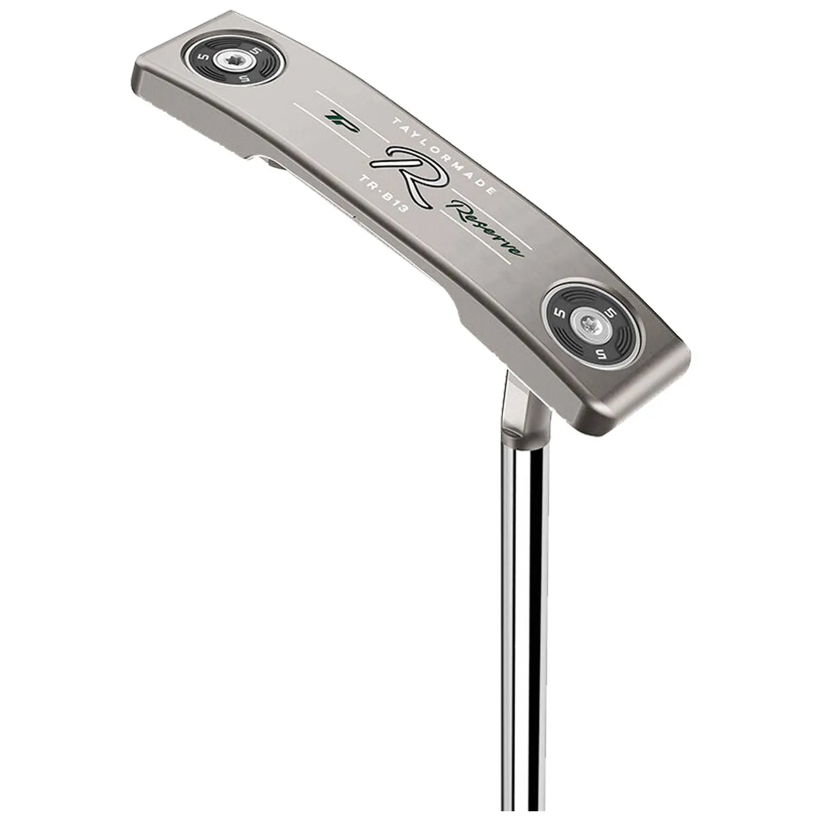 A golf putter rests upright showcasing a sleek metallic head with a curved design and two circular weights at either end the shaft is polished chrome providing stability and balance for putting practice or play