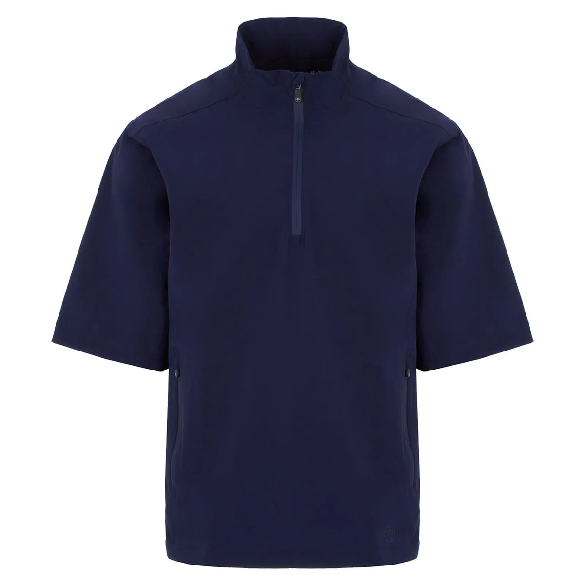 A navy blue short-sleeve pullover with a quarter zip at the collar is displayed against a plain white background emphasizing its design and simplicity.