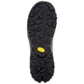 A black rubber shoe sole is depicted featuring a rugged tread pattern designed for traction on various surfaces its context suggests outdoor use or rugged terrain.